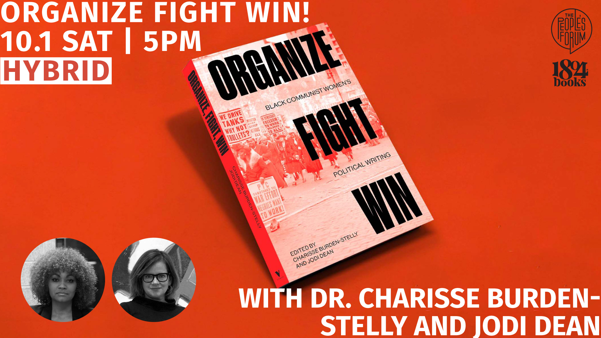 Banner with cover and details of book talk on Organize Fight Win