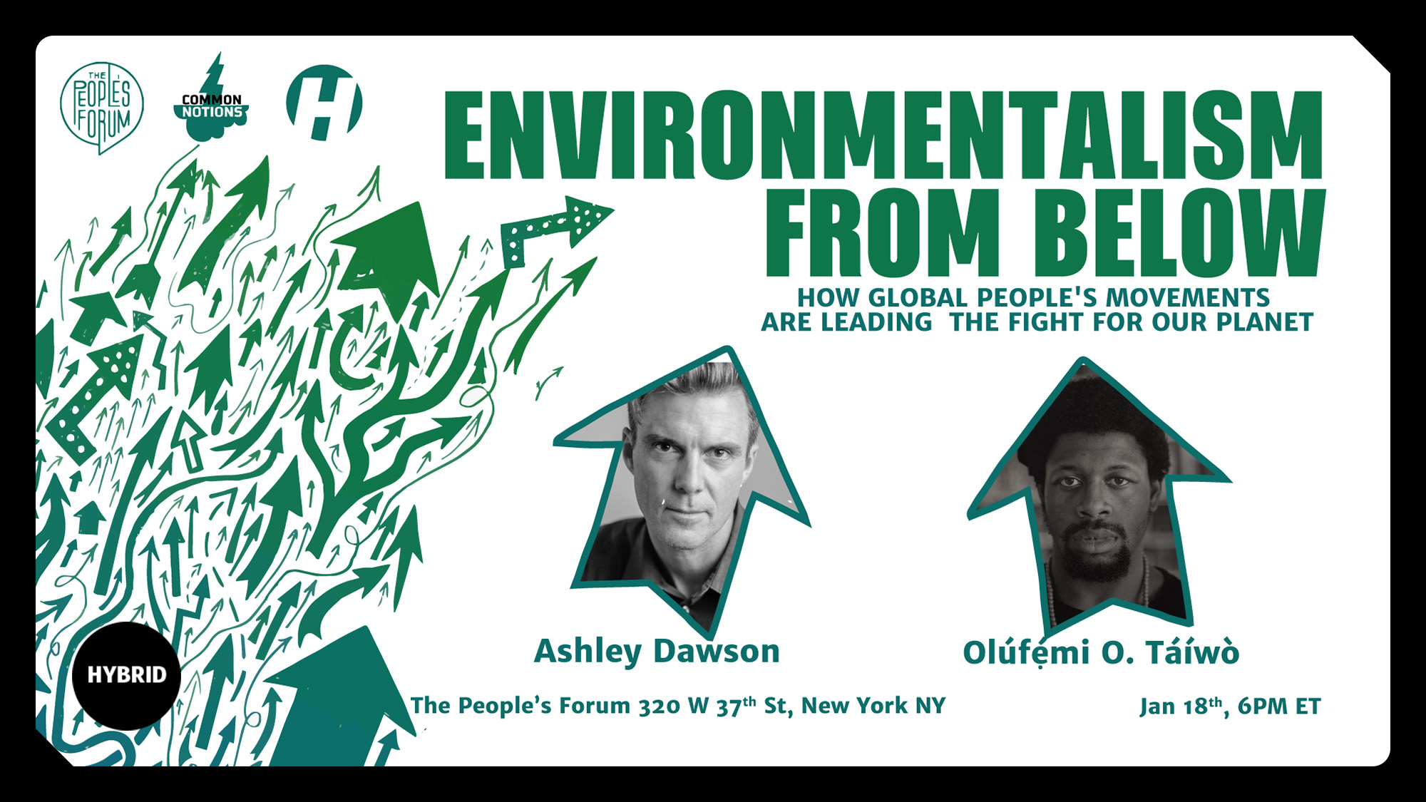 White banner with green text that reads: Environmentalism from Below: How Global People's Movements are Leading the Fight for Our Planet