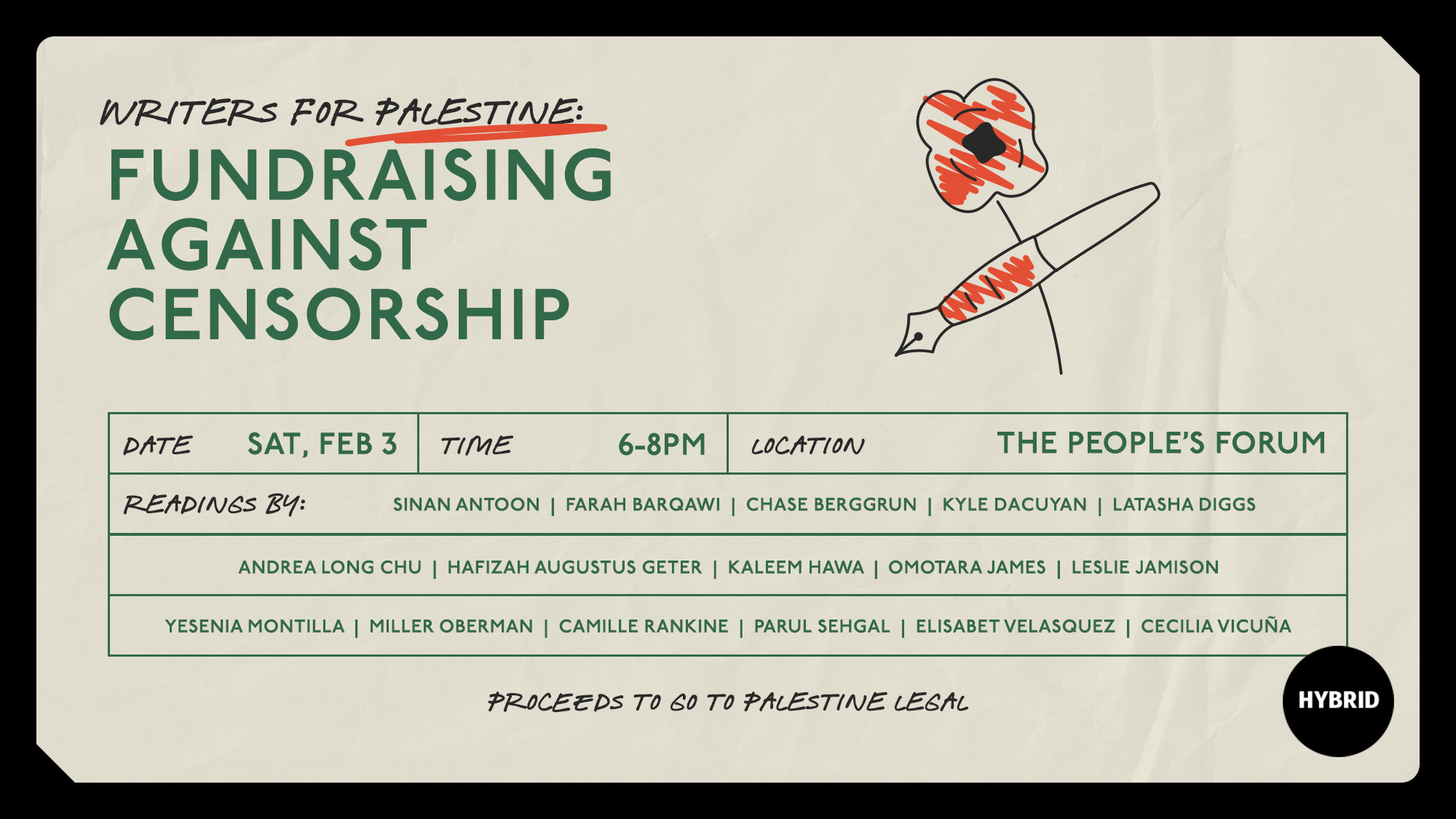 Tan background with green text: Writers for Palestine: Fundraising Against Censorship
