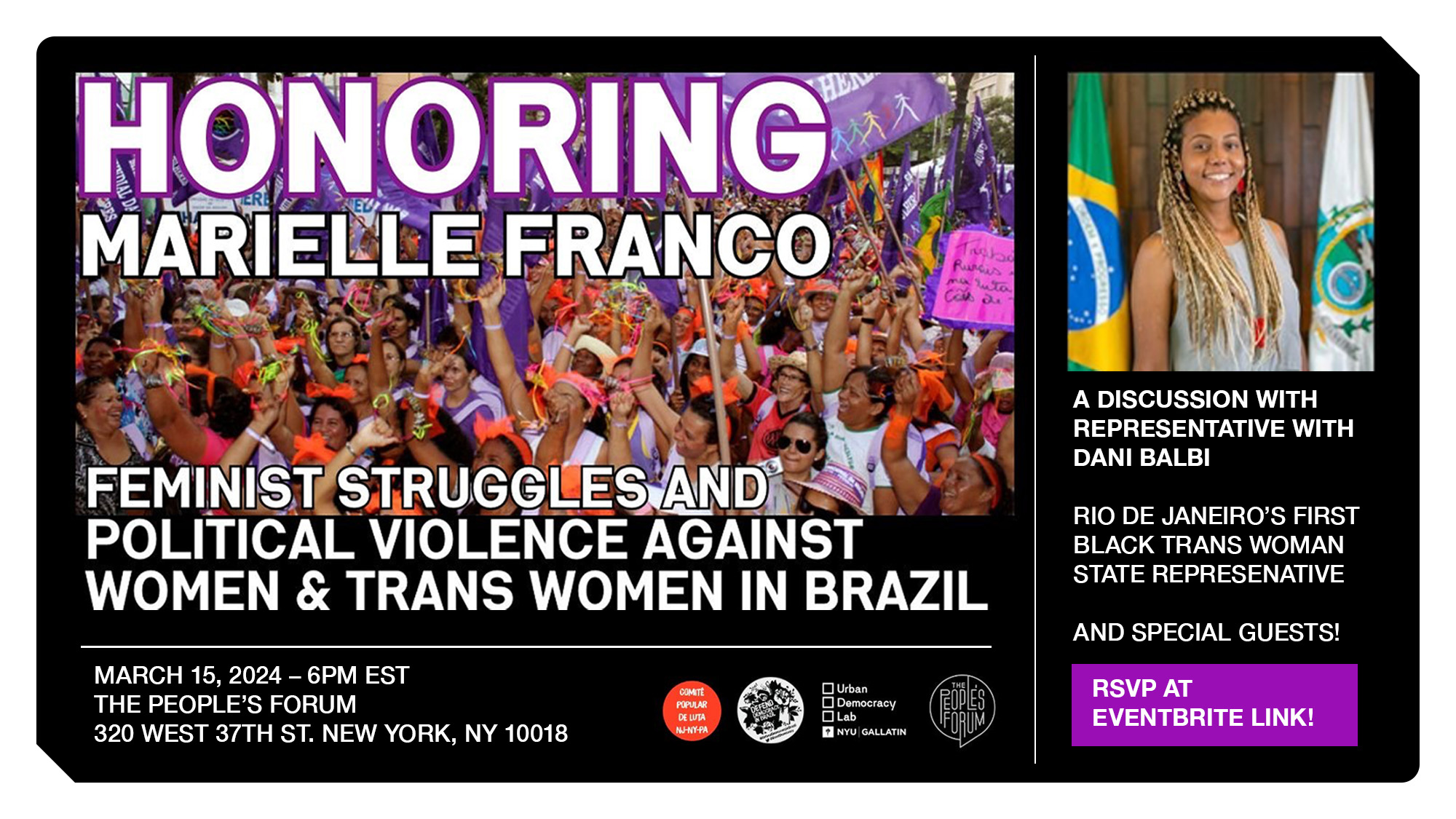 A black banner that reads "Honoring Marielle Franco"