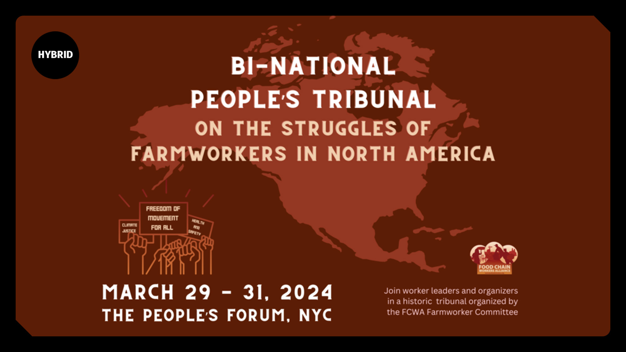 brown banner with a red atlas of the word. "Bi-National People's Tribunal"