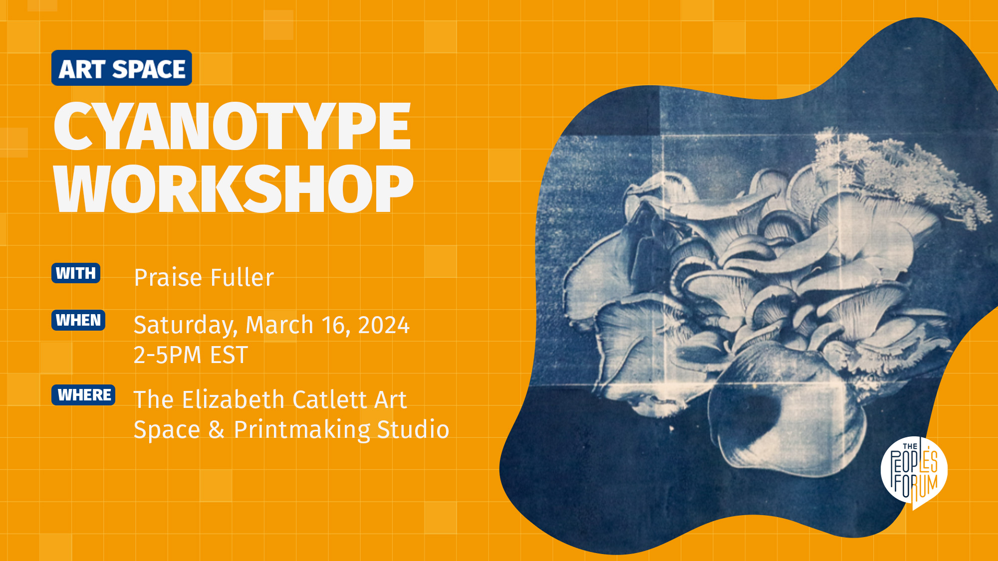 Orange banner with text reading "Cyanotype Workshop," an image of a cyanotype on the right