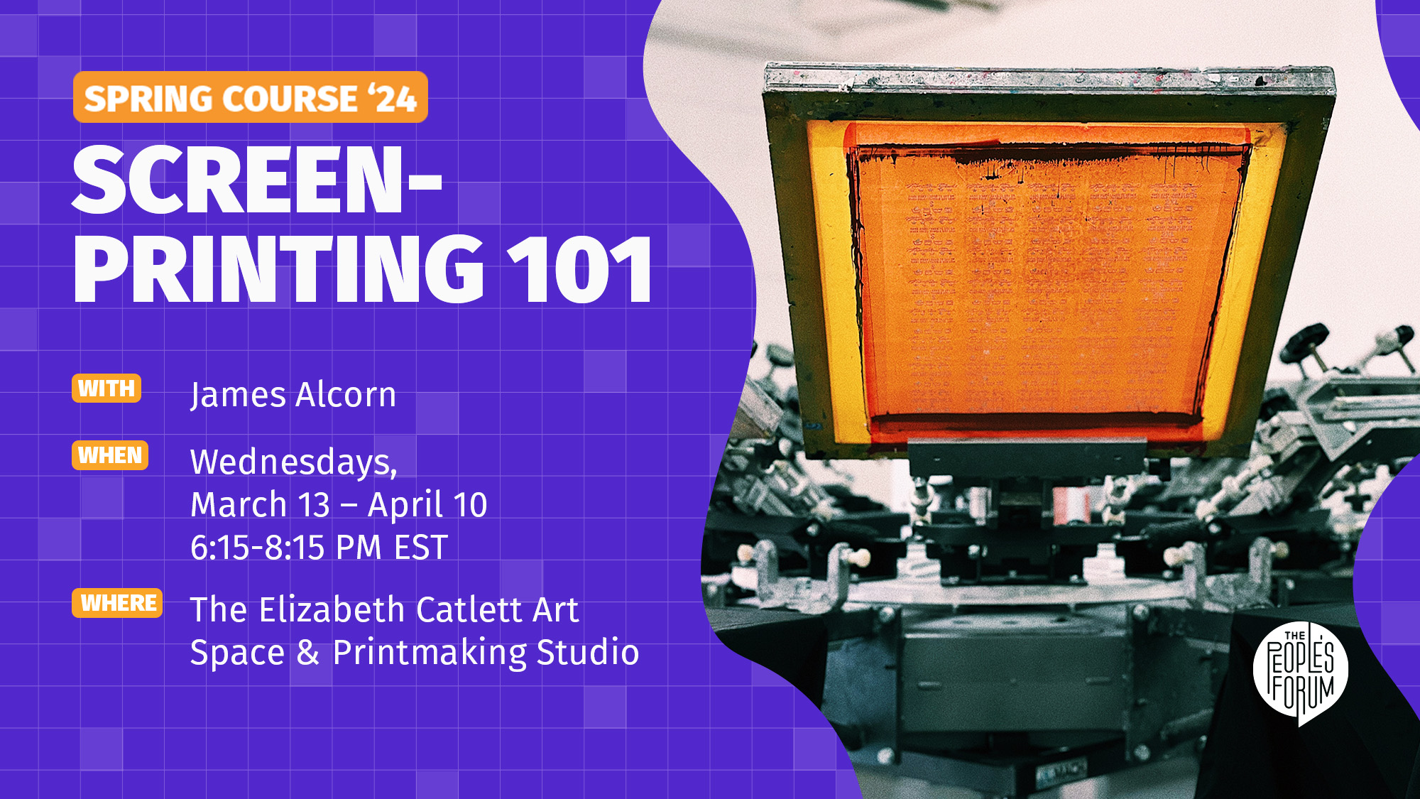 Purple and orange banner. Spring course 2024, Screen-Printing 101