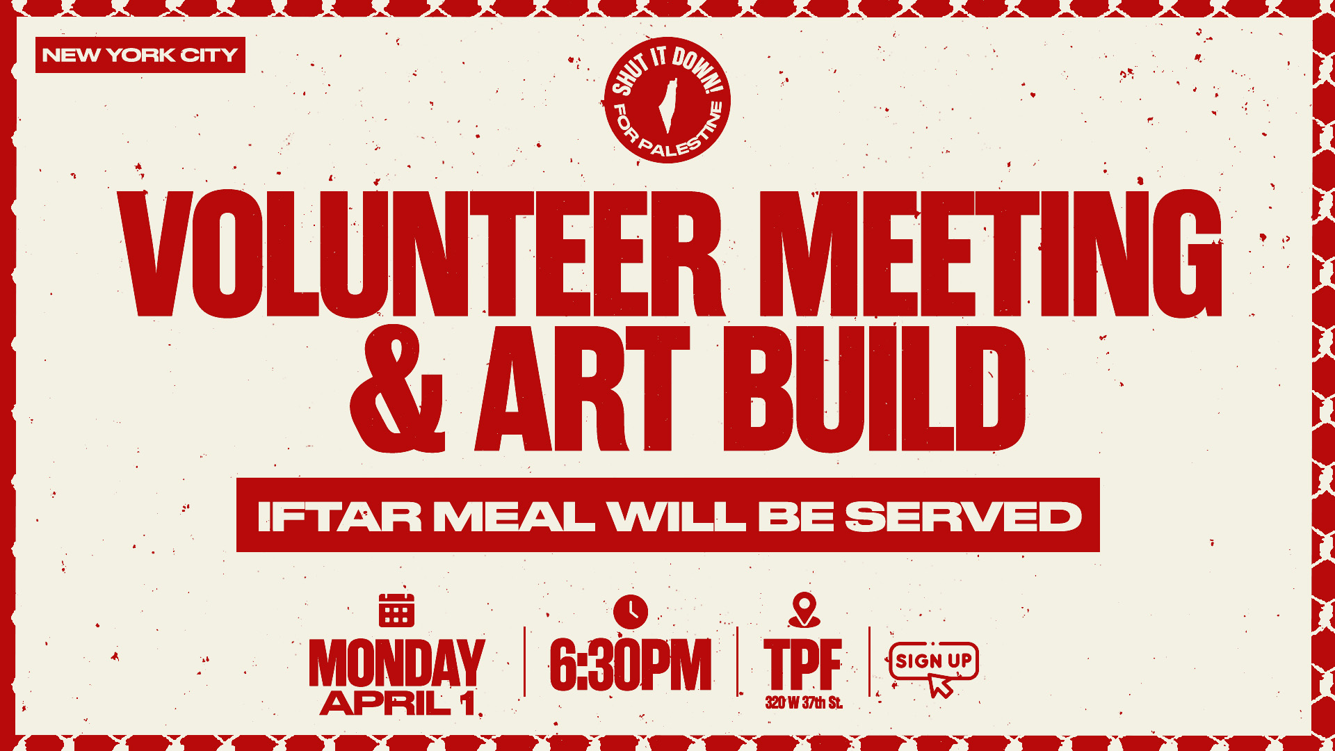 Cream and Red banner that reads VOLUNTEER MEETING & ART BUILD, MONDAY, APRIL 1